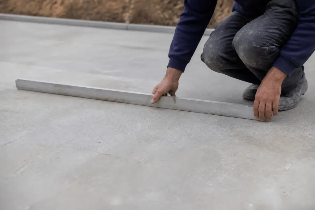 Regle metallique mesurant planéité dalle béton grise
