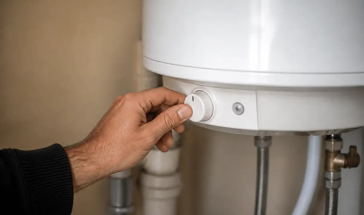 Main ajustant le thermostat du reservoir d'eau chaude