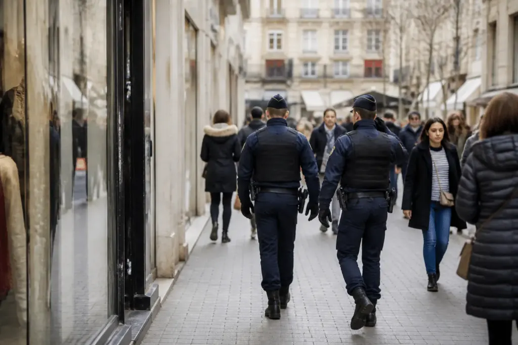Rue commerçante animée avec devantures magasins et agents police