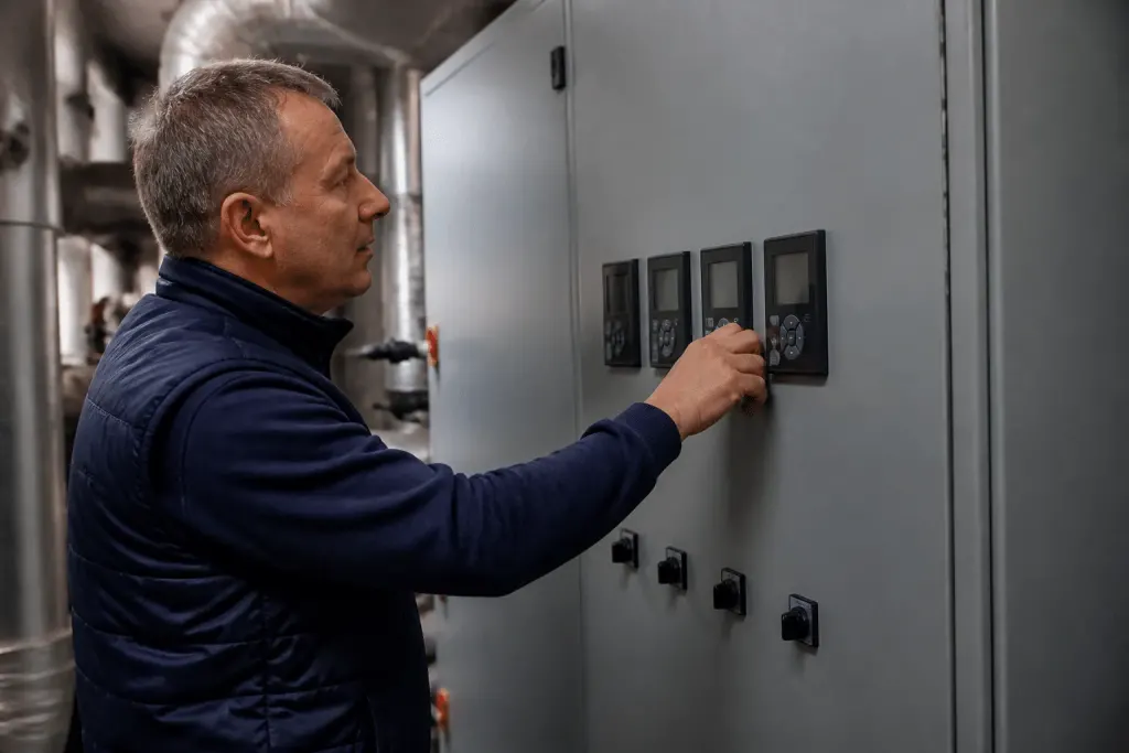 Technicien ajustant paramètres sur panneau de controle thermique