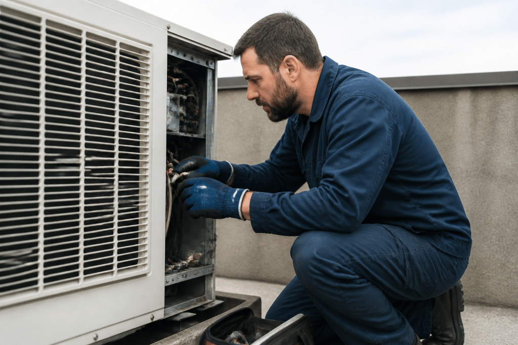 Technicien en combinaison réparant unité climatisation professionnelle