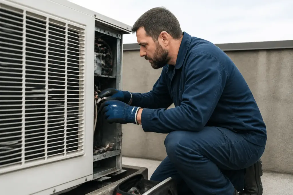 Technicien en combinaison réparant unité climatisation professionnelle