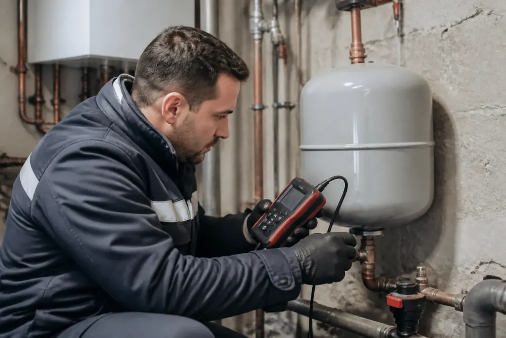 Technicien inspectant vase expansion chaudière avec outils spécialisés