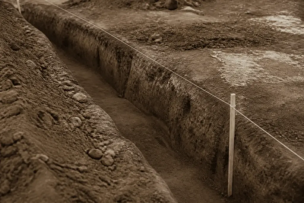 Tranchée excavée dans terre brune avec cordon guidage