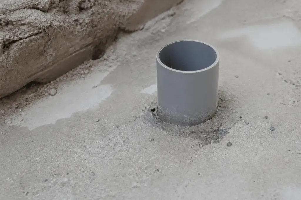 Tuyau PVC gris enfoui dans dalle béton grise