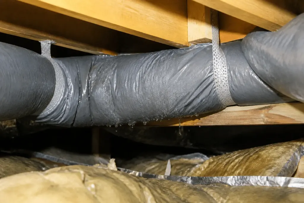 Tuyauterie VMC installée sous charpente avec condensation