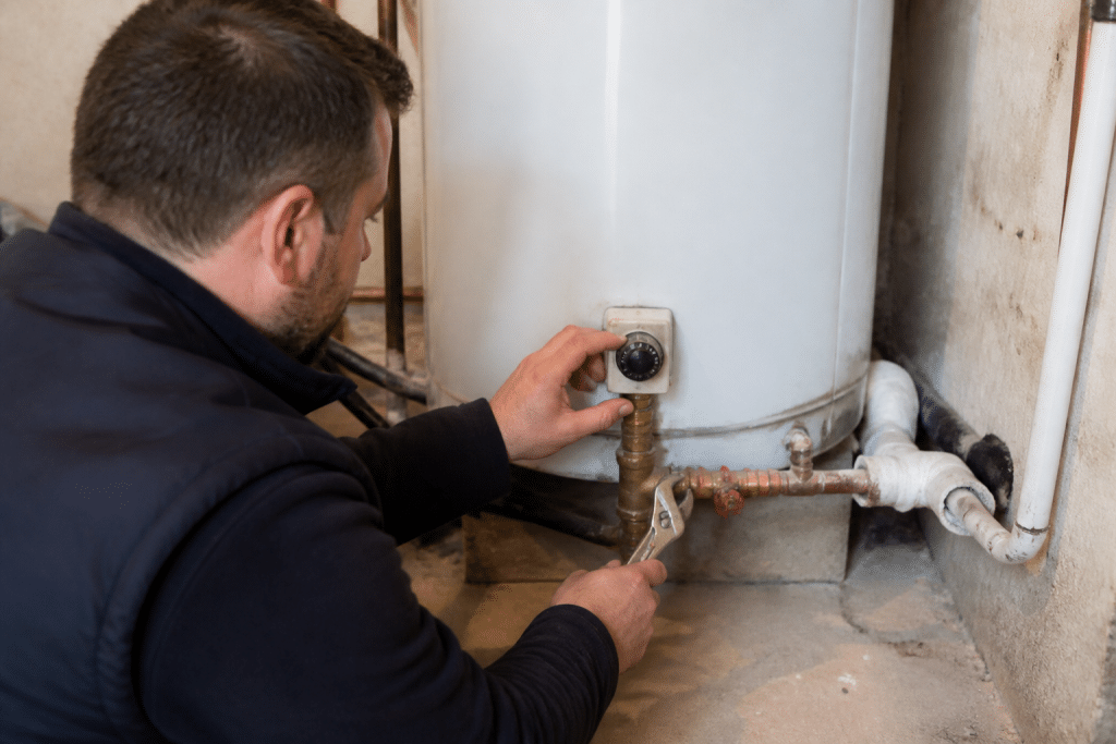 Technicien ajuste thermostat chauffe-eau avec clé réducteur pression