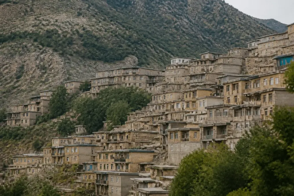 Maisons densément construites autour villages montagneux.