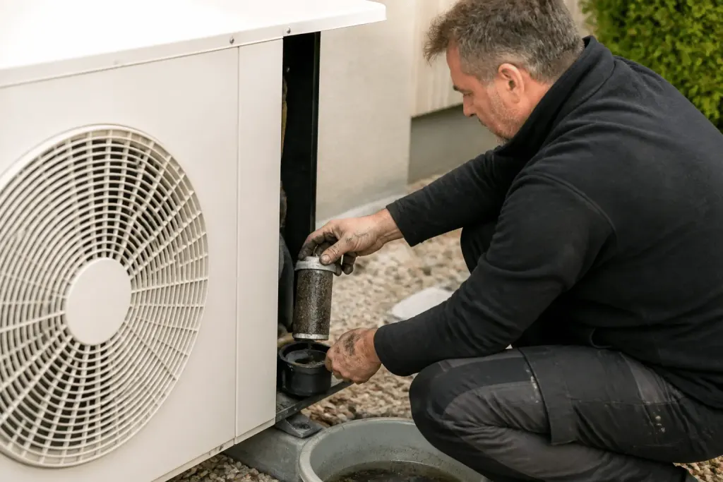 Technicien nettoyant filtre pompe chaleur encrassé