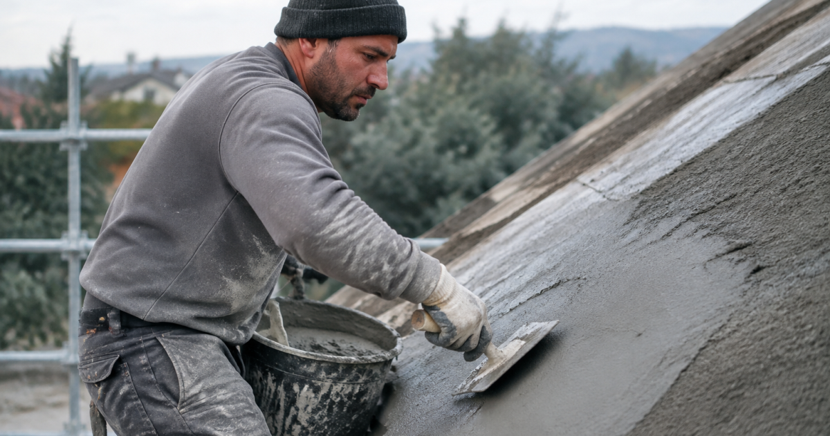 Ouvrier appliquant liant gris sur crete pente