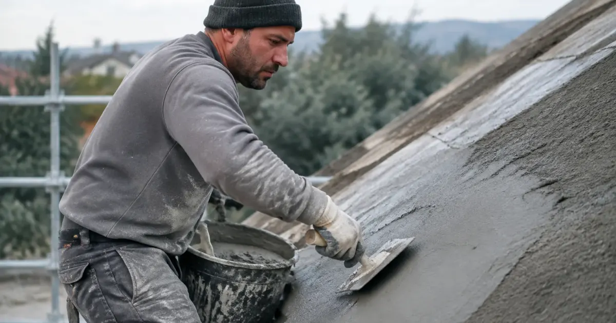Ouvrier appliquant liant gris sur crete pente