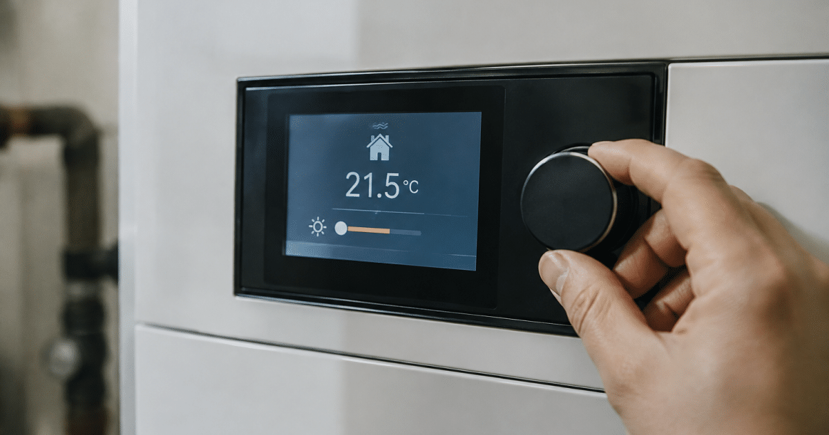 Panneau controle numerique pompe chaleur affichant temperature reglee