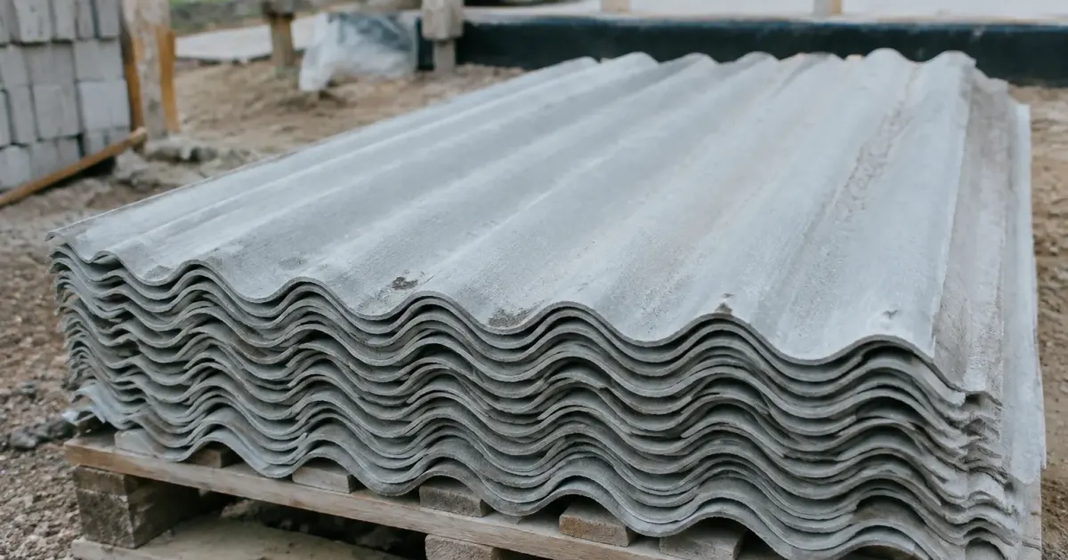 Plaques grises ondulees de fibrociment empilees sur chantier