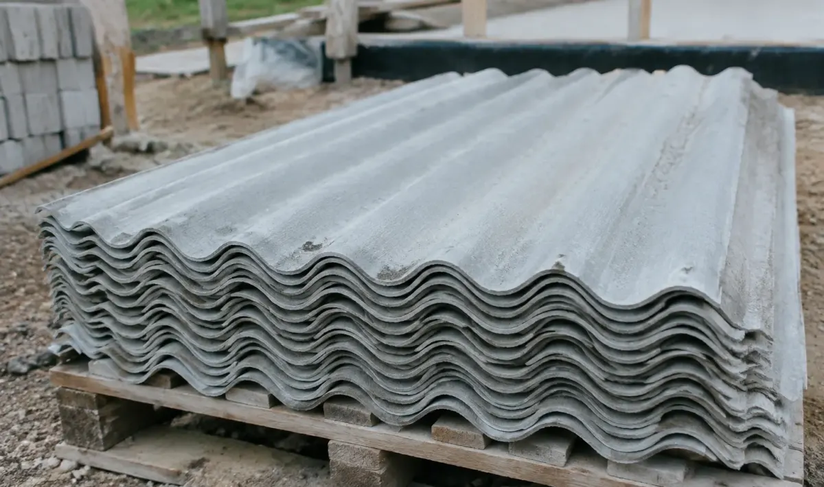 Plaques grises ondulees de fibrociment empilees sur chantier