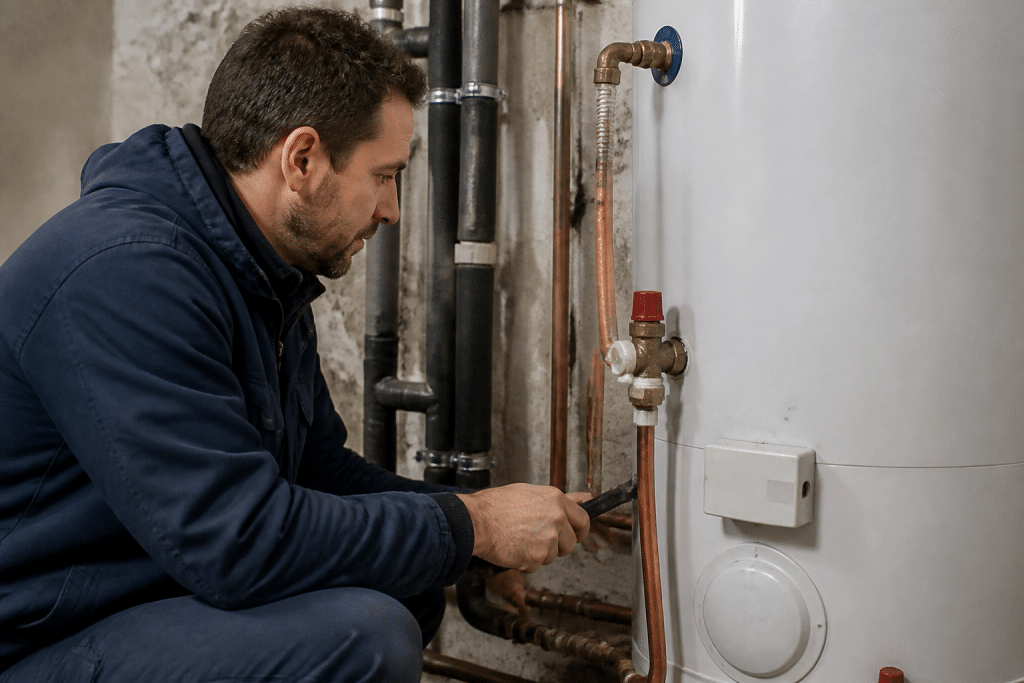 Plombier inspectant ballon eau chaude avec outils professionnels