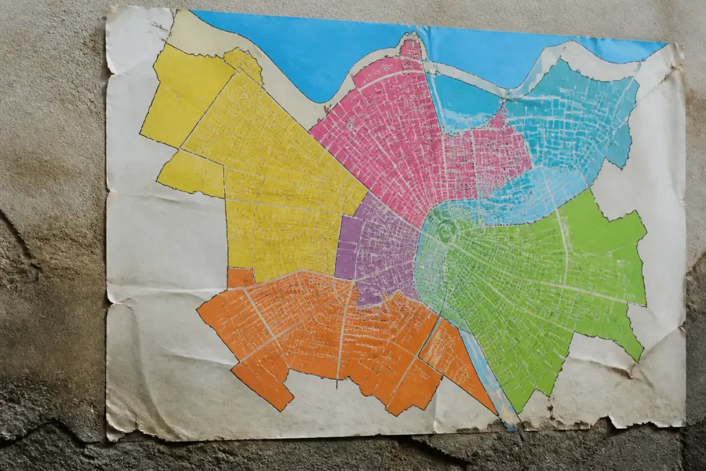 Carte administrative montrant quartiers colorés avec frontières distinctes