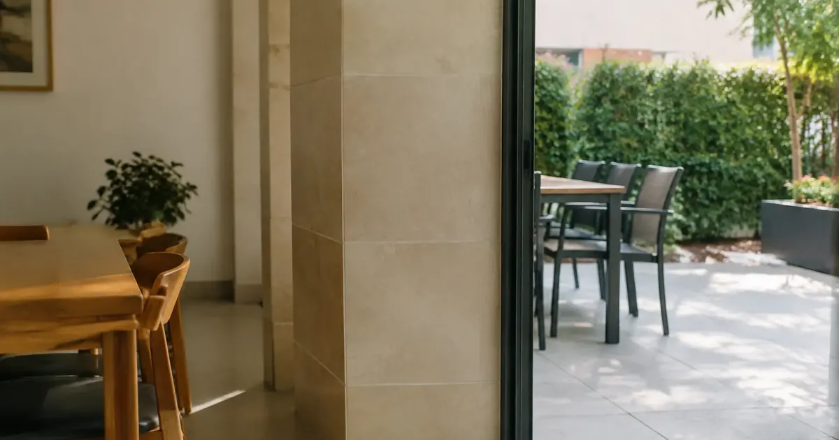 Carreaux beiges separant interieur de terrasse