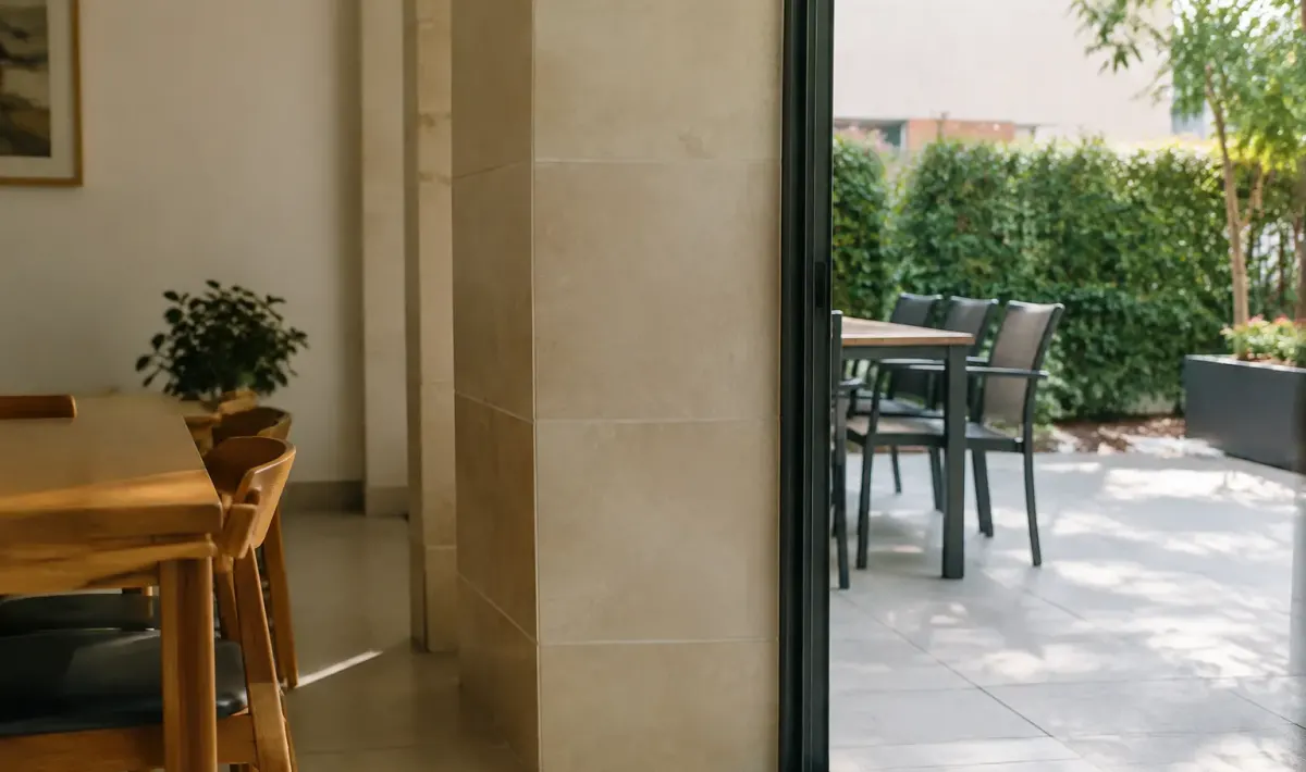 Carreaux beiges separant interieur de terrasse