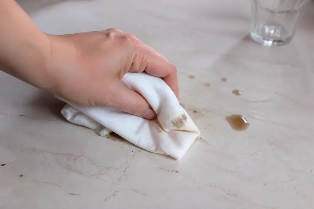 Chiffon blanc essuyant tache cafe ou vin liquide