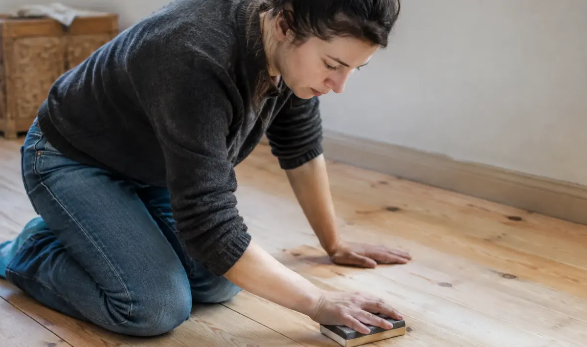 Femme agenouillee frottant des lames de bois clair