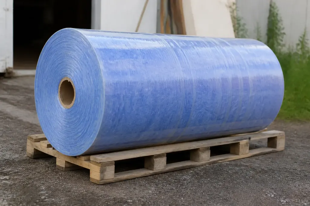Grand rouleau bleu de fibre de verre sur palette