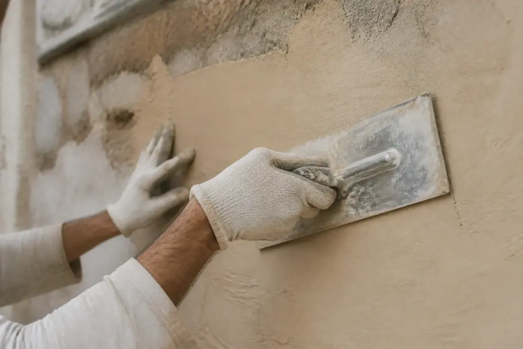 Mains gantees lissant une couche beige sur mur exterieur