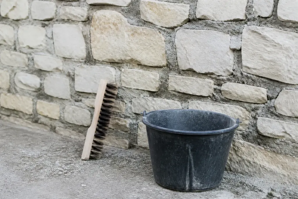 Mur de pierre aux joints creuses, brosse et seau