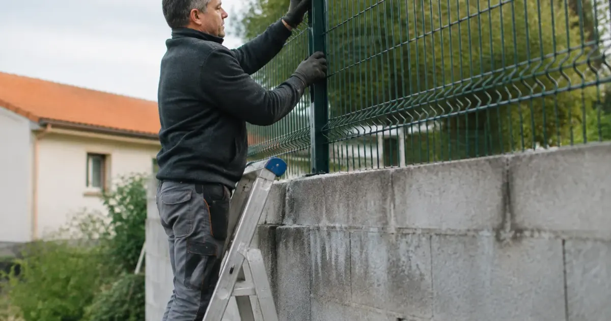 Ouvrier debout sur echelle fixant grillage metallique mur exterieur