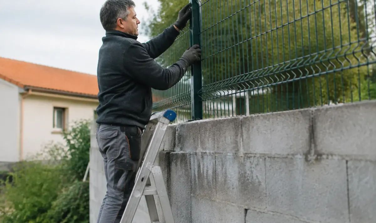 Ouvrier debout sur echelle fixant grillage metallique mur exterieur