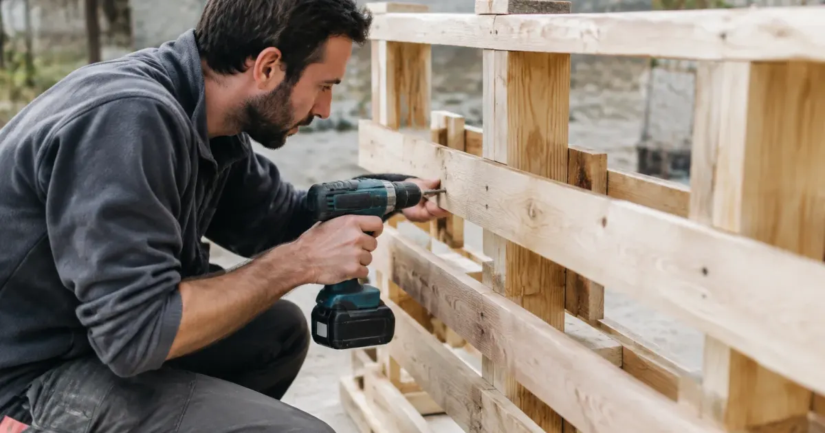 Ouvrier visse des planches de palette sur un cadre