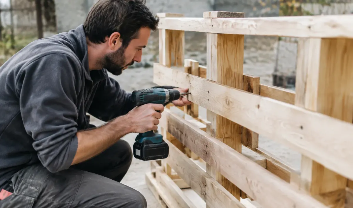 Ouvrier visse des planches de palette sur un cadre