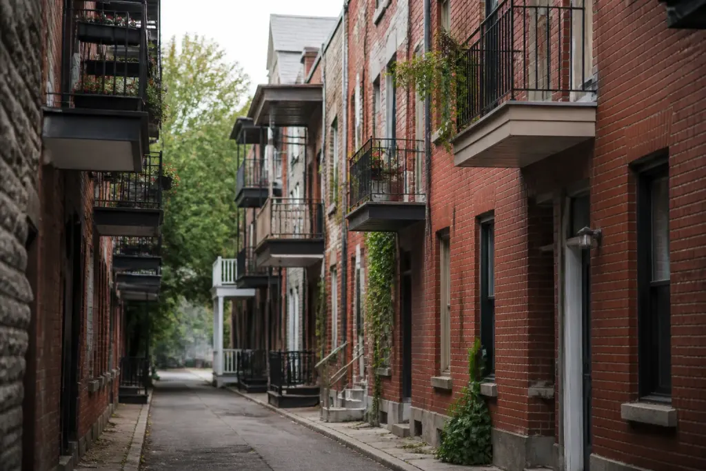Rue etroite bordee de maisons en brique et balcons