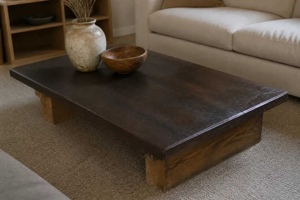 Table basse brune posee sur plots de bois