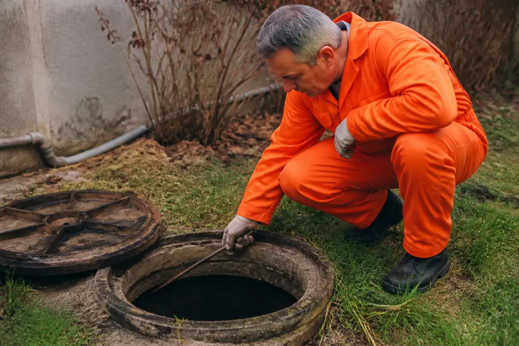 Technicien en blouse orange inspectant une fosse septique