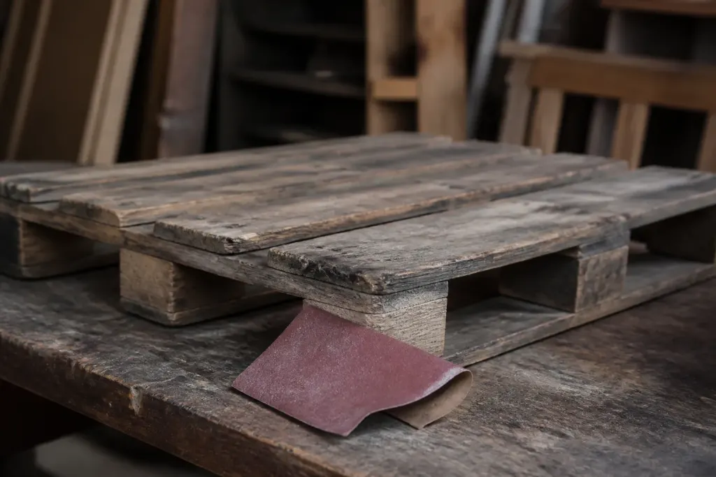 Vieille palette en bois sur etabli avec papier abrasif
