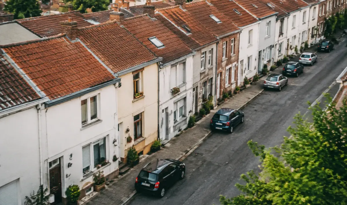 Vue aerienne de maisons alignees sur une rue